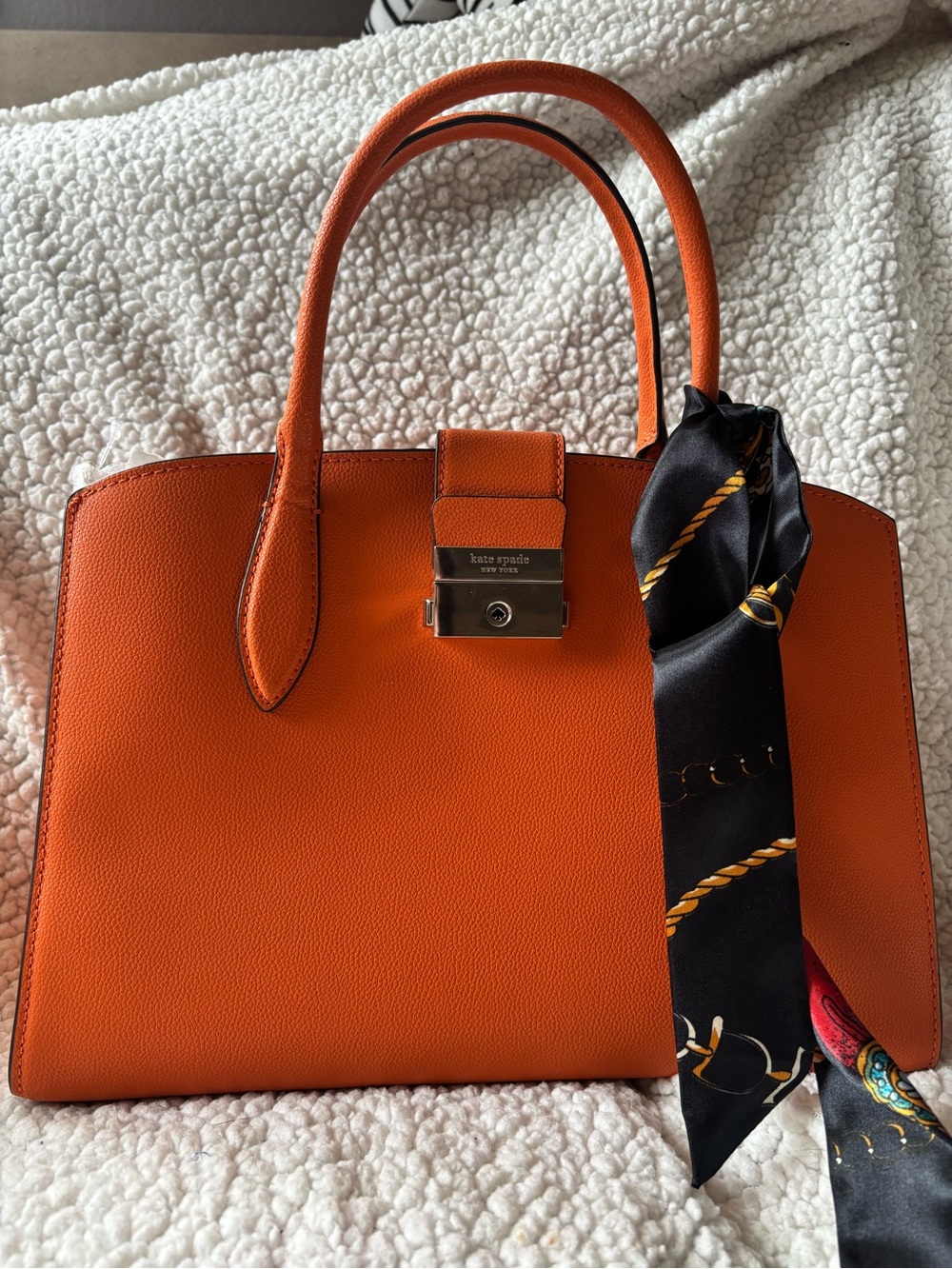 kate spade orange leather top-handle satchel with scarf accent
